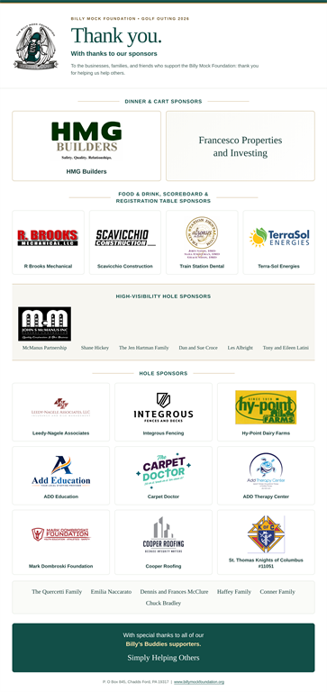 Thank you to the sponsors of the Billy Mock Foundation 2026 Golf Outing.