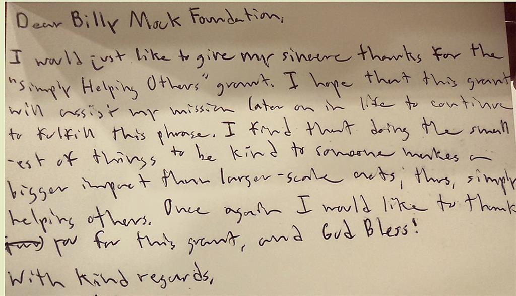 Thank-you note for a Simply Helping Others grant