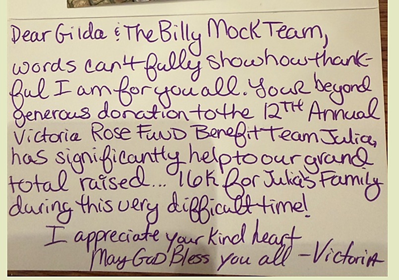 Thank-you note to the Billy Mock Foundation